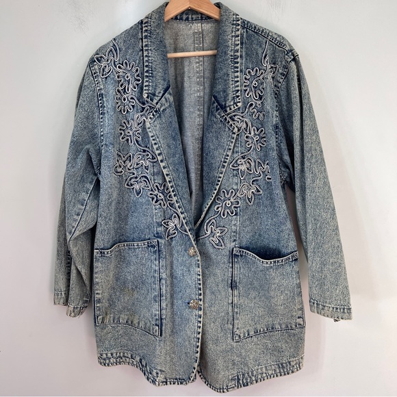 Vintage Jean Jacket Stone Acid Wash Floral Embroidered Rainbow Metallic - Picture 1 of 8